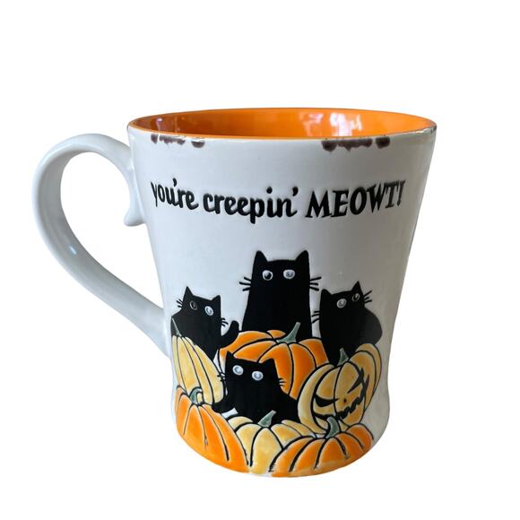 Spectrum Designz Black Cats Pumpkins YOU'RE CREEPING MEOWT! Halloween Mug NEW - Picture 11 of 13